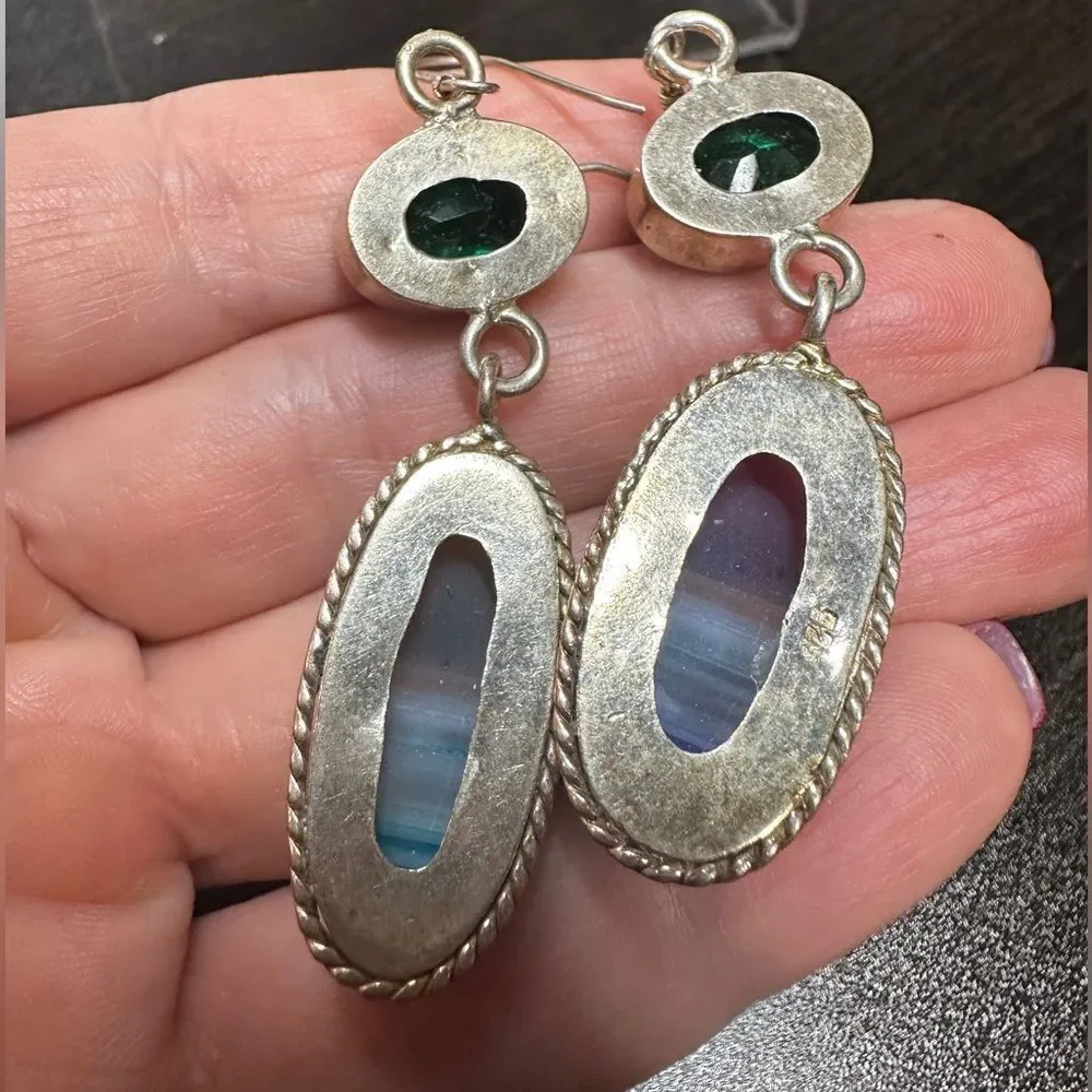Genuine dyed agate and green quartz in‎ sterling silver dangle earrings!